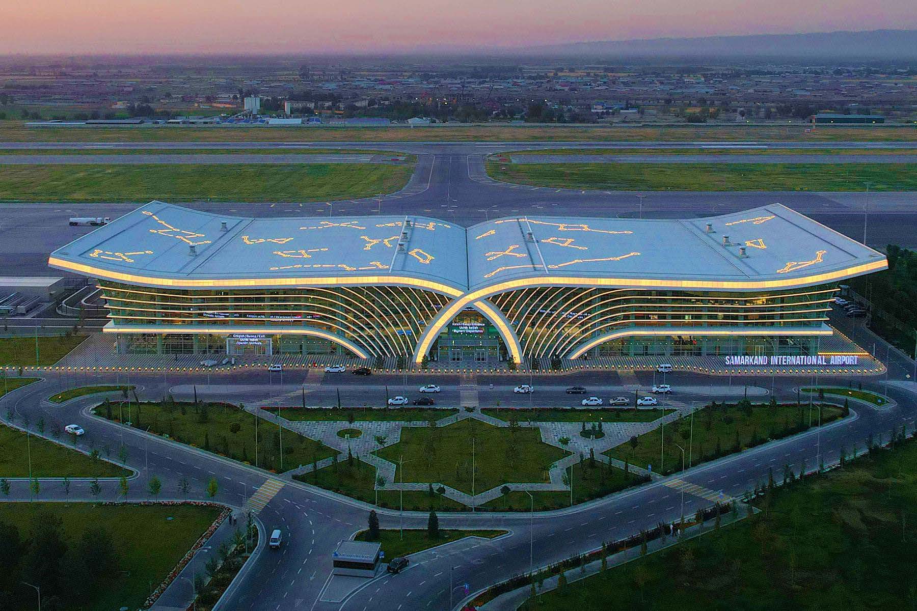 Airport terminal at dusk